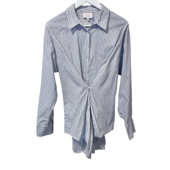 Cinq a Sept Mariezehl Long Sleeve Pinstriped Ruched Poplin Top Women's size M - Picture 2 of 9